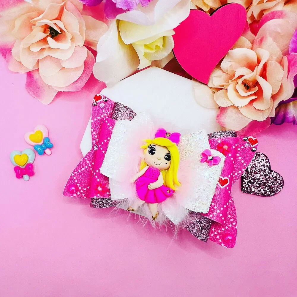 Cute Doll Clay Hair Bow Clips Pink for Girl Handmade